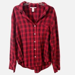 Victoria’s Secret Plaid Pajama Top Sparkle Threads Button Front Collar Reb Black